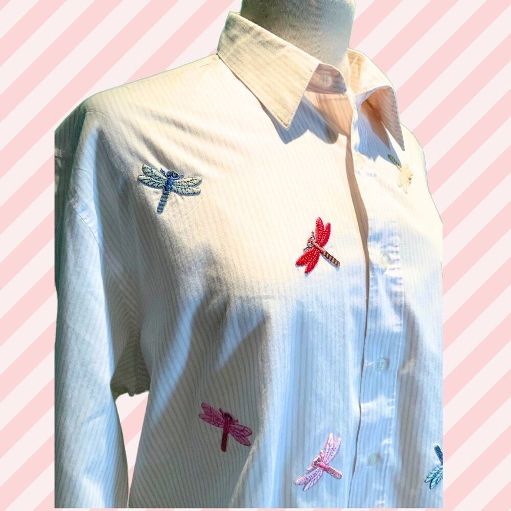 MILI Design _ Vintage Embroidered Dragonfly White w/ light pink stripes_Size: L